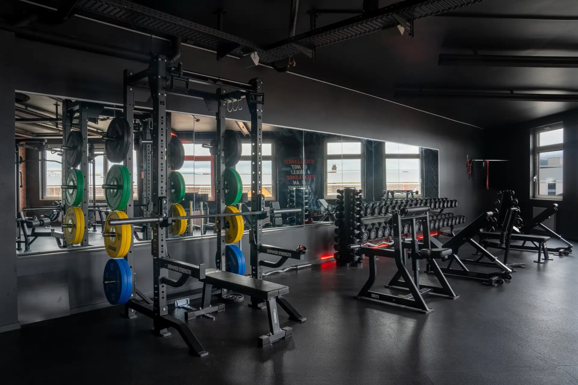 Powerrack mit Bumper Plates und Kurzhanteln